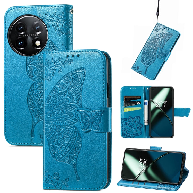 For OnePlus 11 Butterfly Love Flower Embossed Flip Leather Phone Case(Blue) - OnePlus Cases by PMC Jewellery | Online Shopping South Africa | PMC Jewellery