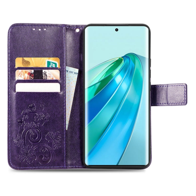 For Honor Magic5 Lite Four-leaf Clasp Embossed Buckle Leather Phone Case(Purple) - Honor Cases by PMC Jewellery | Online Shopping South Africa | PMC Jewellery