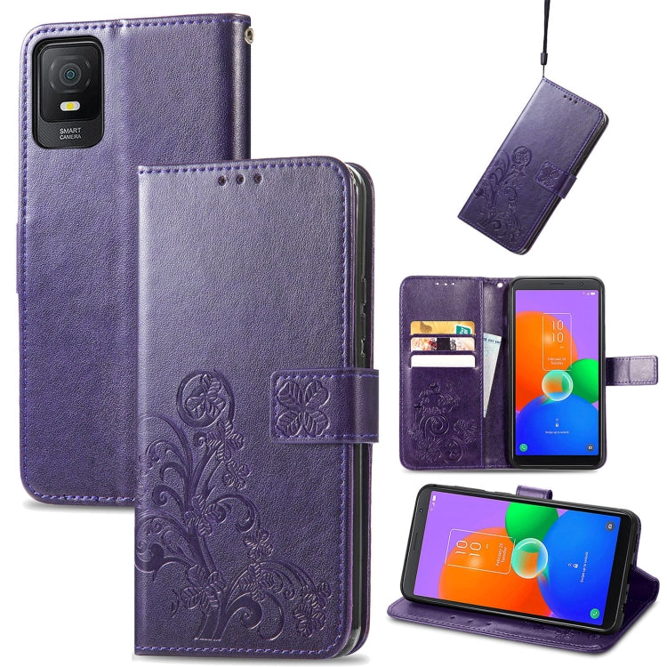 For TCL 403 Four-leaf Clasp Embossed Buckle Leather Phone Case(Purple) - More Brand by PMC Jewellery | Online Shopping South Africa | PMC Jewellery