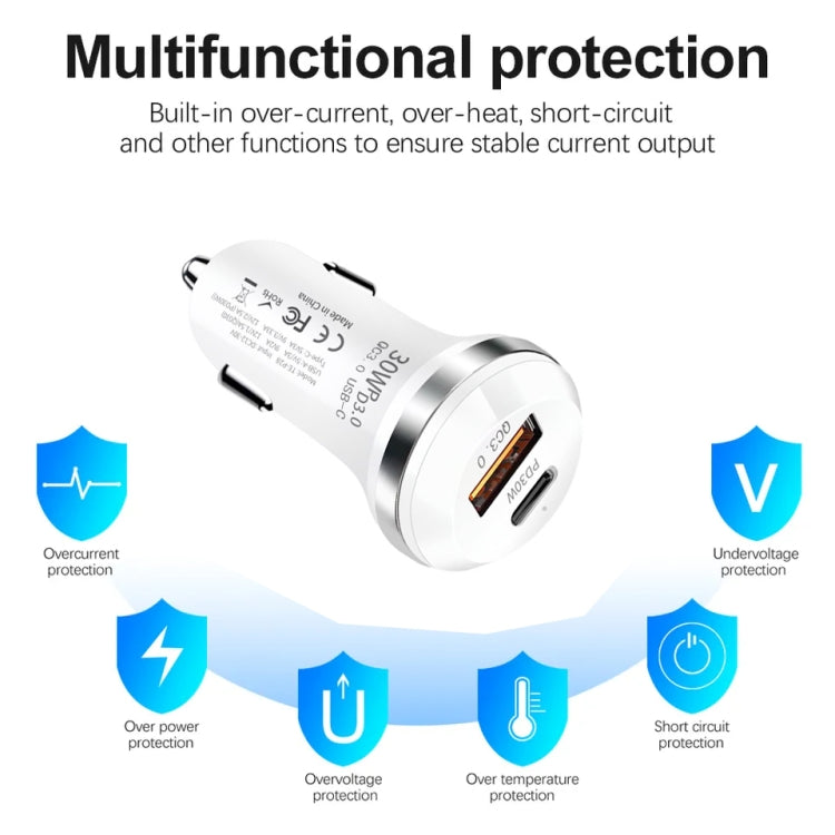 P28 USB-C PD30W + QC3.0 18W USB Dual Port Car Charger(White) - Car Charger by PMC TechLife | Online Shopping South Africa | PMC TechLife