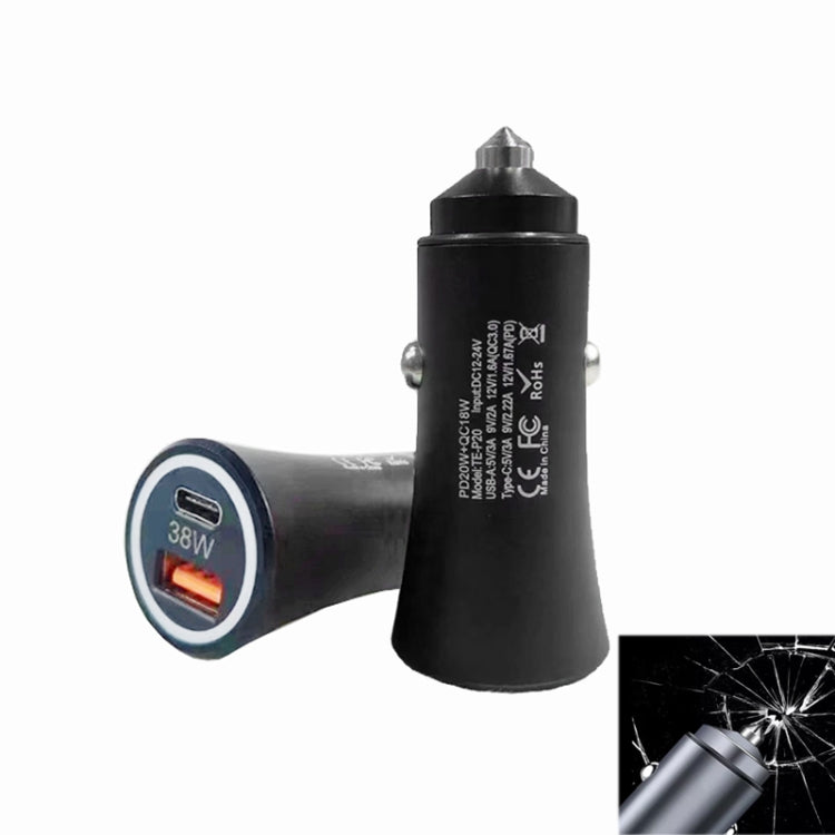 P20 38W PD3.0 20W + QC3.0 USB Safety Hammer Car Charger(Black) - Car Charger by PMC Jewellery | Online Shopping South Africa | PMC Jewellery