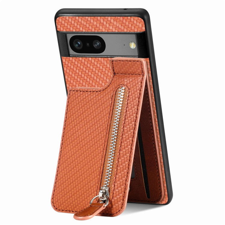 For Google Pixel 7A Carbon Fiber Vertical Flip Zipper Phone Case(Brown) - Google Cases by PMC Jewellery | Online Shopping South Africa | PMC Jewellery