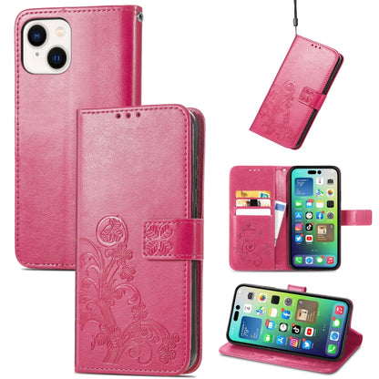 For iPhone 15 Four-leaf Clasp Embossed Buckle Leather Phone Case(Magengta) - iPhone 15 Cases by PMC Jewellery | Online Shopping South Africa | PMC Jewellery