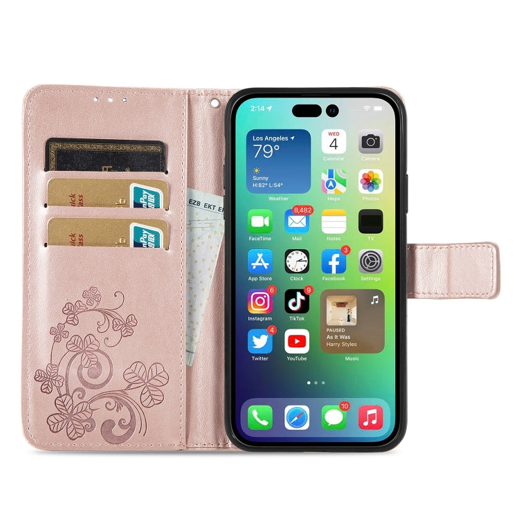 For iPhone 15 Four-leaf Clasp Embossed Buckle Leather Phone Case(Rose Gold) - iPhone 15 Cases by PMC TechLife | Online Shopping South Africa | PMC TechLife
