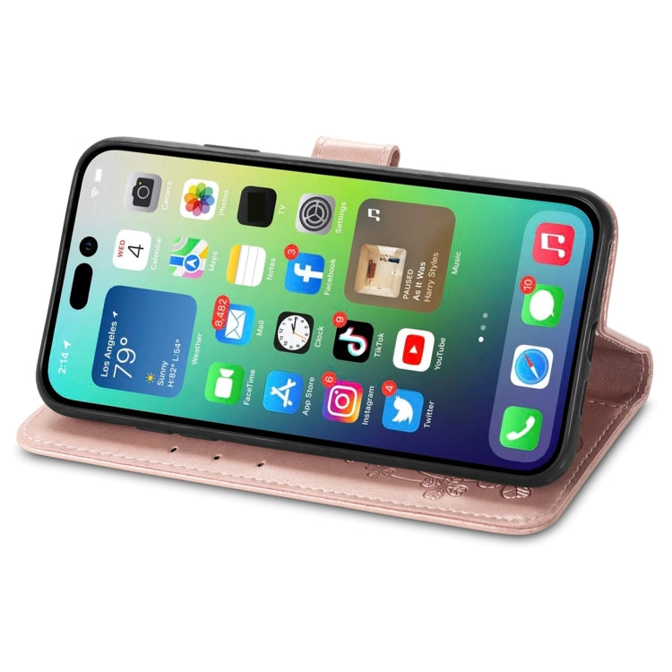 For iPhone 15 Plus Four-leaf Clasp Embossed Buckle Leather Phone Case(Rose Gold) - iPhone 15 Plus Cases by PMC Jewellery | Online Shopping South Africa | PMC Jewellery