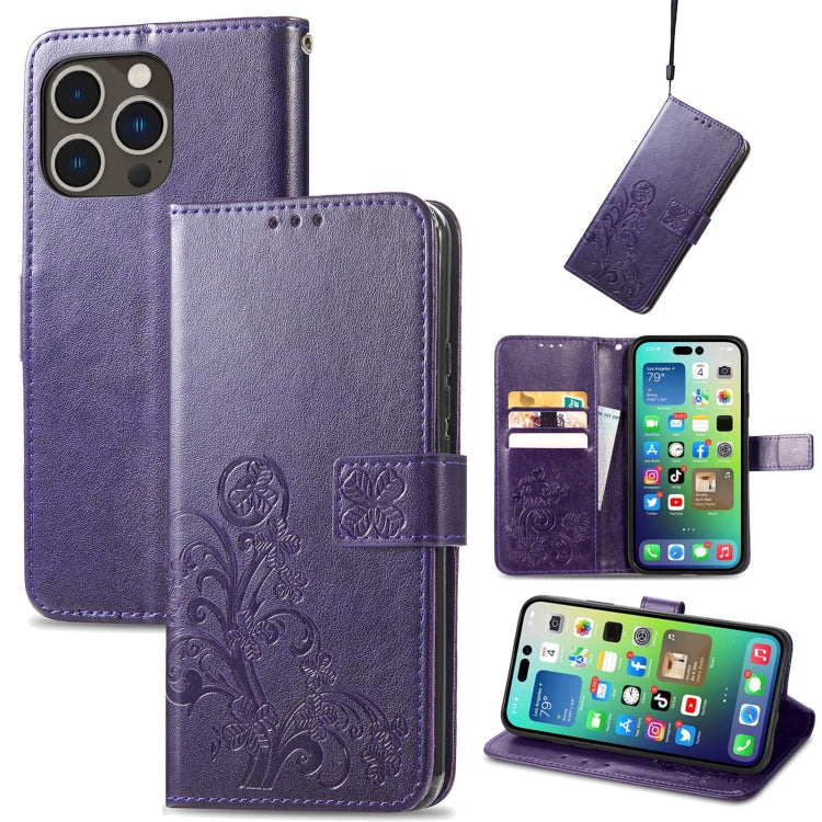 For iPhone 15 Pro Four-leaf Clasp Embossed Buckle Leather Phone Case(Purple) - iPhone 15 Pro Cases by PMC TechLife | Online Shopping South Africa | PMC TechLife