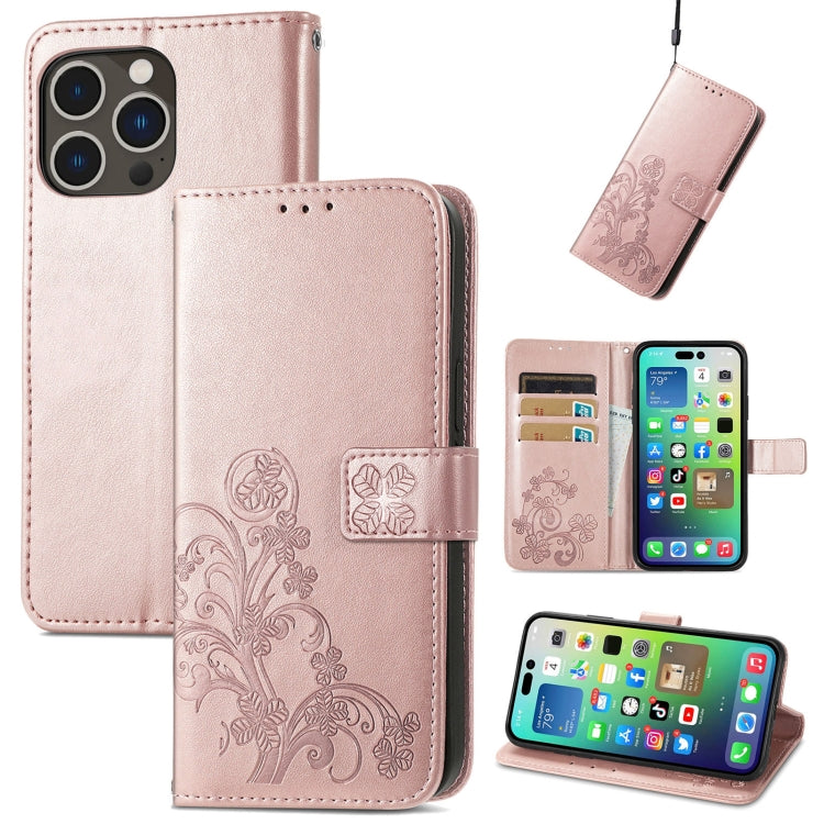 For iPhone 15 Pro Max Four-leaf Clasp Embossed Buckle Leather Phone Case(Rose Gold) - iPhone 15 Pro Max Cases by PMC Jewellery | Online Shopping South Africa | PMC Jewellery