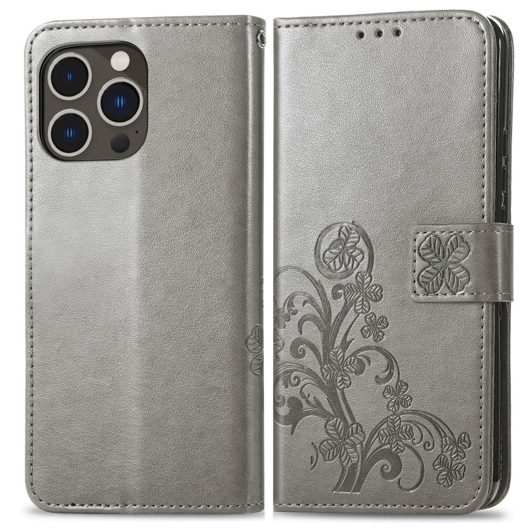 For iPhone 15 Pro Max Four-leaf Clasp Embossed Buckle Leather Phone Case(Gray) - iPhone 15 Pro Max Cases by PMC Jewellery | Online Shopping South Africa | PMC Jewellery