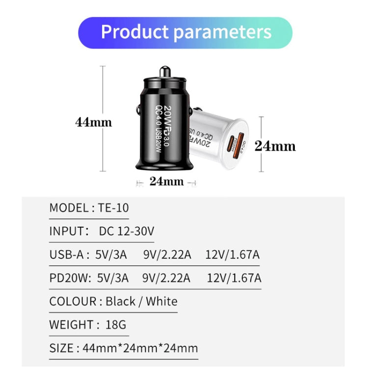 P10 Mini QC4.0 USB / PD20W Car Charger with Type-C to Type-C Fast Charging Data Cable(White) - Car Charger by PMC Jewellery | Online Shopping South Africa | PMC Jewellery