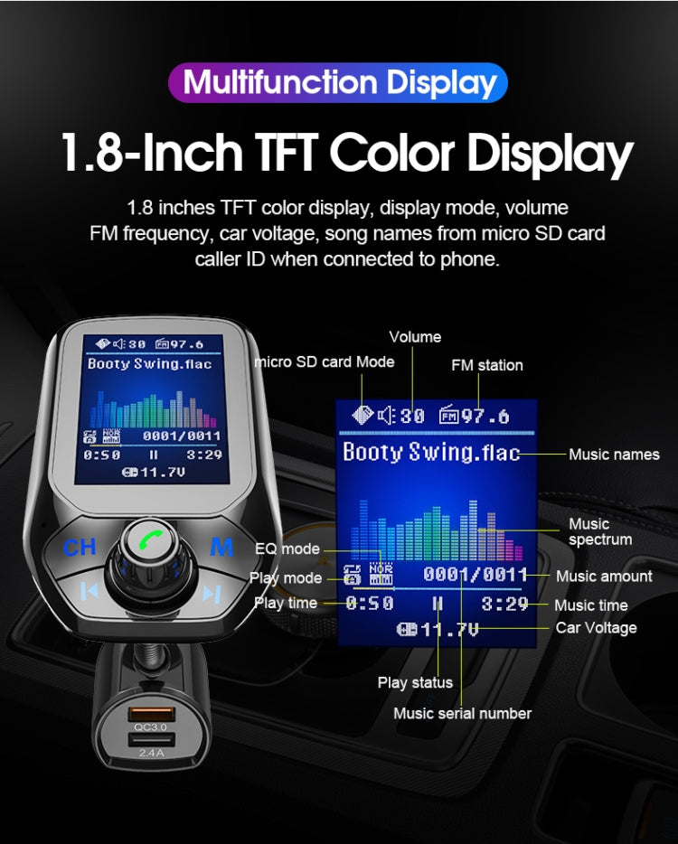 T43 Car Bluetooth Mp3 Multi-function Large Color Screen QC3.0 Bluetooth Car Charge Lossless Car Bluetooth Player - Bluetooth Car Kits by PMC Jewellery | Online Shopping South Africa | PMC Jewellery