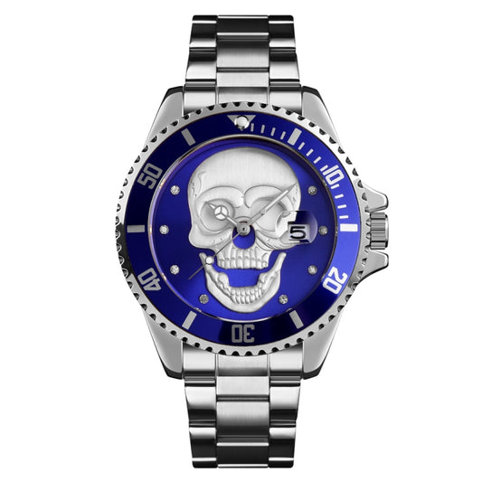 SKMEI 9195 Fashion Water-inlaid Drill Skull Nightlight Waterproof Quartz Watch Steel Strip Watch for Men(Silver Blue) - Other Watches by SKMEI | Online Shopping South Africa | PMC Jewellery | Buy Now Pay Later Mobicred