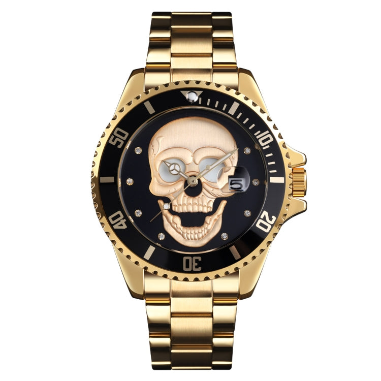 SKMEI 9195 Fashion Water-inlaid Drill Skull Nightlight Waterproof Quartz Watch Steel Strip Watch for Men(Golden Black) - Other Watches by SKMEI | Online Shopping South Africa | PMC Jewellery | Buy Now Pay Later Mobicred