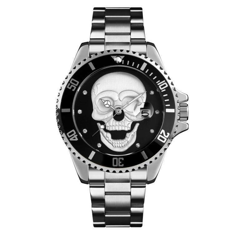 SKMEI 9195 Fashion Water-inlaid Drill Skull Nightlight Waterproof Quartz Watch Steel Strip Watch for Men(Silver Black) - Other Watches by SKMEI | Online Shopping South Africa | PMC Jewellery | Buy Now Pay Later Mobicred