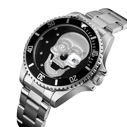 SKMEI 9195 Fashion Water-inlaid Drill Skull Nightlight Waterproof Quartz Watch Steel Strip Watch for Men(Silver Black) - Other Watches by SKMEI | Online Shopping South Africa | PMC Jewellery | Buy Now Pay Later Mobicred