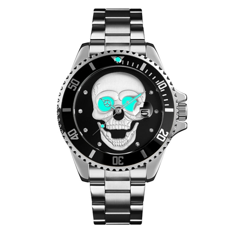 SKMEI 9195 Fashion Water-inlaid Drill Skull Nightlight Waterproof Quartz Watch Steel Strip Watch for Men(Silver Black) - Other Watches by SKMEI | Online Shopping South Africa | PMC Jewellery | Buy Now Pay Later Mobicred