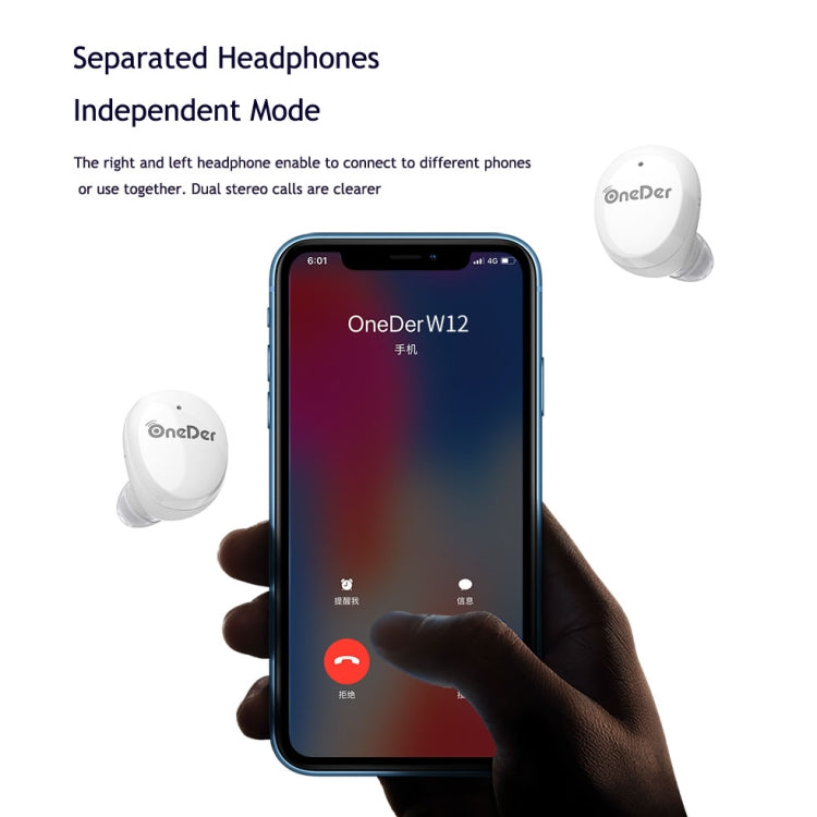 OneDer W12 Wireless Earphone with Waterproof IPX5 HD Stereo Sound TWS Bluetooth Earphone(White) - TWS Earphone by OneDer | Online Shopping South Africa | PMC Jewellery | Buy Now Pay Later Mobicred