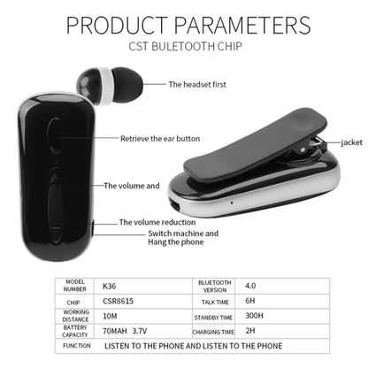 K36 Stereo Wireless Bluetooth Headset Calls Remind Vibration Wear Clip Driver Auriculares Earphone(Black) - Bluetooth Earphone by PMC Jewellery | Online Shopping South Africa | PMC Jewellery