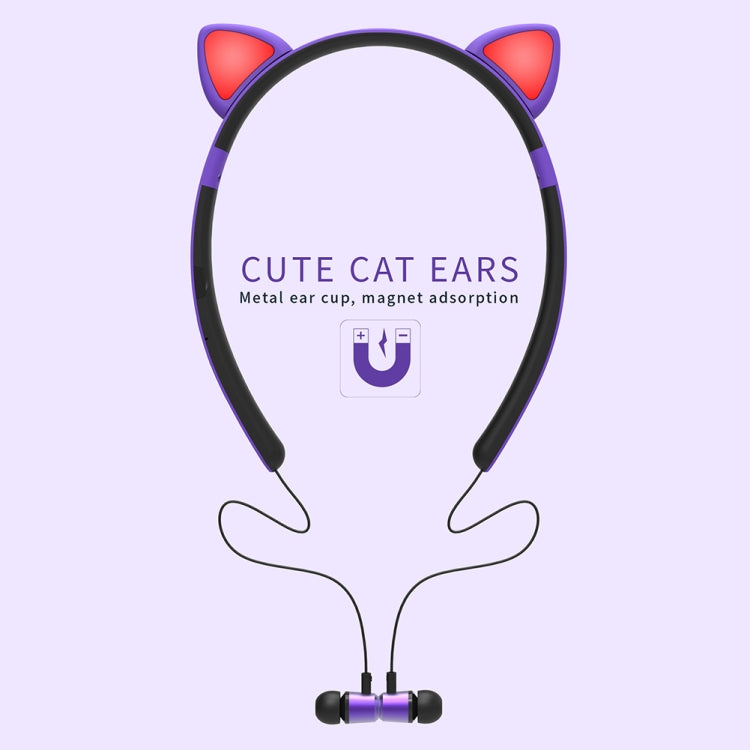 ZW29 Cat Ear Stereo Sound HIFI Fashion Outdoor Portable Sports Wireless  Bluetooth Headset with Mic & LED Light Glowing(Purple) - Neck-mounted Earphone by PMC Jewellery | Online Shopping South Africa | PMC Jewellery