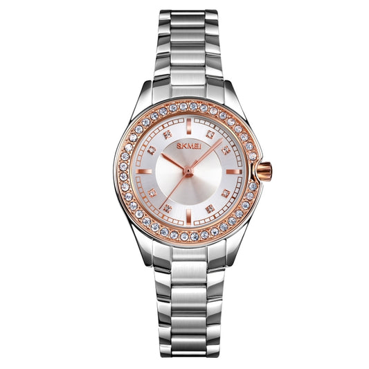 SKMEI 1534 elegant waterproof quartz steel band watch with diamond inlay(Silver Rose Gold) - Metal Strap Watches by SKMEI | Online Shopping South Africa | PMC Jewellery | Buy Now Pay Later Mobicred