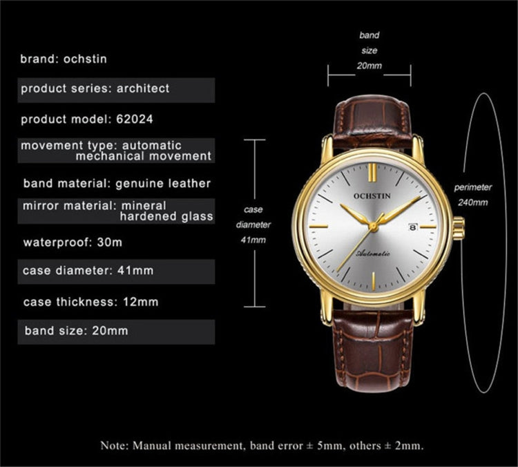 Ochstin 2024 Automatic Mechanical Watch Men Waterproof Calendar Leather Business Mechanical Men Watch(Golden Black) - Leather Strap Watches by OCHSTIN | Online Shopping South Africa | PMC Jewellery | Buy Now Pay Later Mobicred