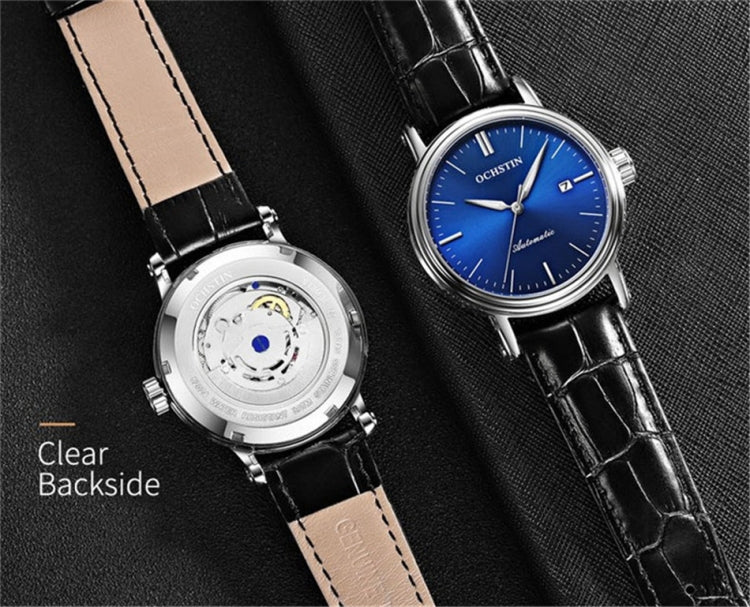 Ochstin 2024 Automatic Mechanical Watch Men Waterproof Calendar Leather Business Mechanical Men Watch(Blue) - Leather Strap Watches by OCHSTIN | Online Shopping South Africa | PMC Jewellery | Buy Now Pay Later Mobicred