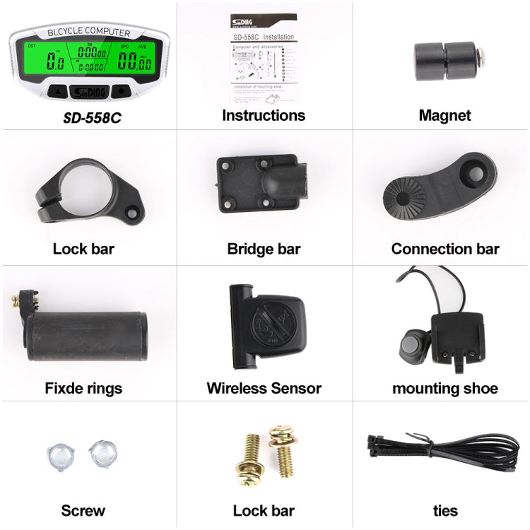 SUNDING SD-558C Bicycle Computer Wireless Digital LCD Backlight Road Speedometer Stopwatch Speedometer - Speedometers by SUNDING | Online Shopping South Africa | PMC TechLife | Buy Now Pay Later Mobicred