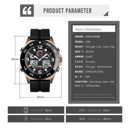 SKMEI 1538 Multi-Function Time Large Dial Steel Belt Men  Casual Sports Electronic Watch(Black-Silicone Belt) - Silicone Strap Watches by SKMEI | Online Shopping South Africa | PMC Jewellery | Buy Now Pay Later Mobicred