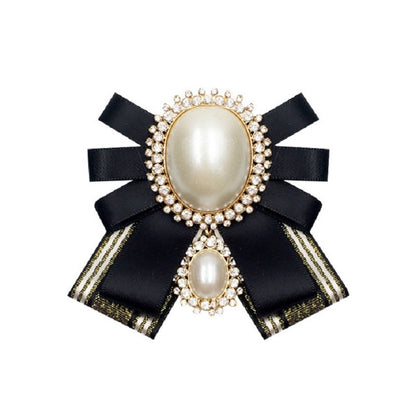 Women Pearl Bow-knot Bow Tie Cloth Brooch Clothing Accessories, Style:Pin Buckle Version(Gold Black) - Tie clip by PMC Jewellery | Online Shopping South Africa | PMC Jewellery