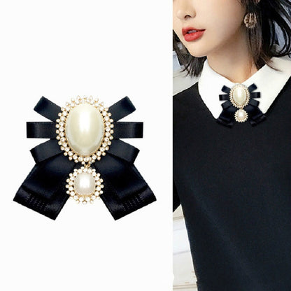 Women Pearl Bow-knot Bow Tie Cloth Brooch Clothing Accessories, Style:Pin Buckle Version(Black) - Tie clip by PMC Jewellery | Online Shopping South Africa | PMC Jewellery