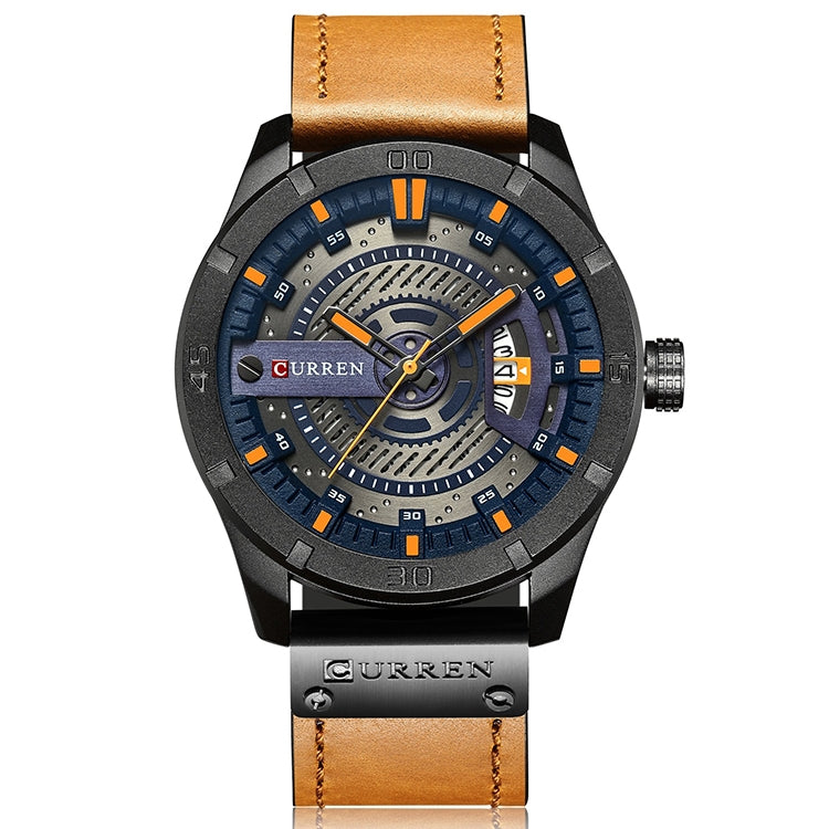 CURREN M8301 Men Military Sports Watch Quartz Date Clock Leather Wristwatch(black case orange) - Leather Strap Watches by CURREN | Online Shopping South Africa | PMC Jewellery | Buy Now Pay Later Mobicred