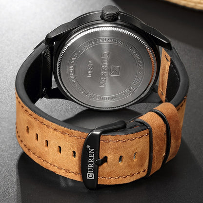 CURREN M8301 Men Military Sports Watch Quartz Date Clock Leather Wristwatch(black case orange) - Leather Strap Watches by CURREN | Online Shopping South Africa | PMC Jewellery | Buy Now Pay Later Mobicred