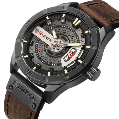 CURREN M8301 Men Military Sports Watch Quartz Date Clock Leather Wristwatch(black case black face deep brown band) - Leather Strap Watches by CURREN | Online Shopping South Africa | PMC Jewellery | Buy Now Pay Later Mobicred