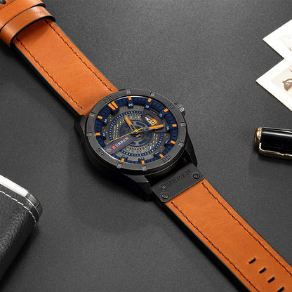 CURREN M8301 Men Military Sports Watch Quartz Date Clock Leather Wristwatch(black case blue) - Leather Strap Watches by CURREN | Online Shopping South Africa | PMC Jewellery | Buy Now Pay Later Mobicred