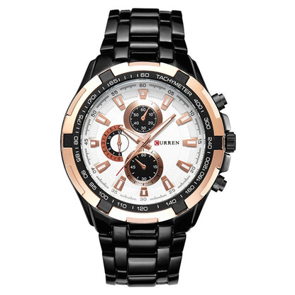 CURREN 8023 Men Stainless Steel Analog Sport Quartz Watch(Black case gold ring white face) - Metal Strap Watches by CURREN | Online Shopping South Africa | PMC Jewellery | Buy Now Pay Later Mobicred