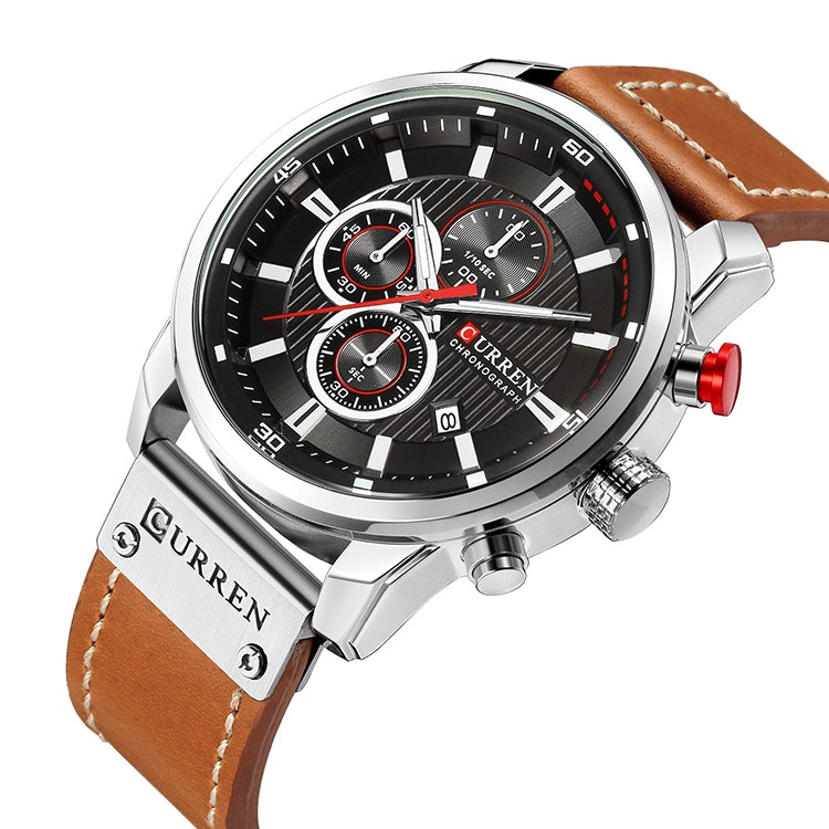 CURREN M8291 Chronograph Watches Casual Leather Watch for Men(White case black face) - Leather Strap Watches by CURREN | Online Shopping South Africa | PMC Jewellery | Buy Now Pay Later Mobicred