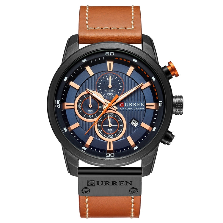 CURREN M8291 Chronograph Watches Casual Leather Watch for Men(Black case blue face) - Leather Strap Watches by CURREN | Online Shopping South Africa | PMC Jewellery | Buy Now Pay Later Mobicred