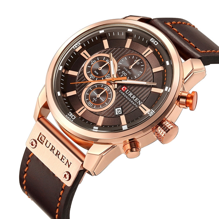 CURREN M8291 Chronograph Watches Casual Leather Watch for Men(Rose case coffee face) - Leather Strap Watches by CURREN | Online Shopping South Africa | PMC Jewellery | Buy Now Pay Later Mobicred