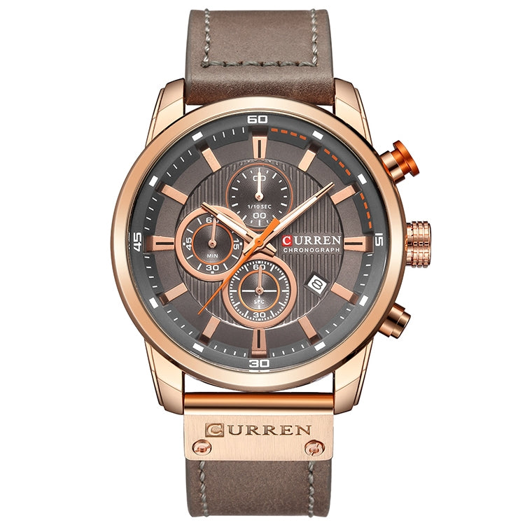 CURREN M8291 Chronograph Watches Casual Leather Watch for Men(Rose case gray face) - Leather Strap Watches by CURREN | Online Shopping South Africa | PMC Jewellery | Buy Now Pay Later Mobicred