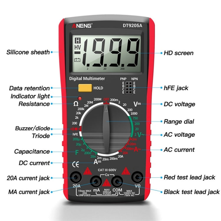 ANENG Automatic High-Precision Intelligent Digital Multimeter, Model:DT9205A HOLD Key(Orange) - Digital Multimeter by ANENG | Online Shopping South Africa | PMC TechLife | Buy Now Pay Later Mobicred