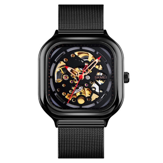 SKMEI 9184 Men Automatic Mechanical Watch Mesh with Hollow Square Tourbillon Student Watch (Black) - Metal Strap Watches by SKMEI | Online Shopping South Africa | PMC Jewellery | Buy Now Pay Later Mobicred