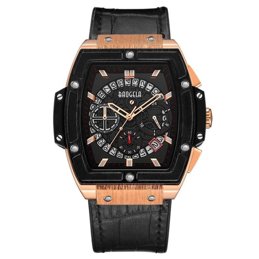 BAOGELA 1703 Wine Barrel Type Multifunctional Mens Sports Quartz Watch(Rose Shell Black Face) - Leather Strap Watches by BAOGELA | Online Shopping South Africa | PMC Jewellery | Buy Now Pay Later Mobicred