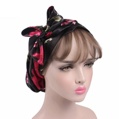 TJM-226 Ladies Satin Print Ribbon Bow Turban Hat Night Cap Silk Chemotherapy Hat Long Tail Braid Hat(Red Wine) - Hair Care Caps by PMC Jewellery | Online Shopping South Africa | PMC Jewellery