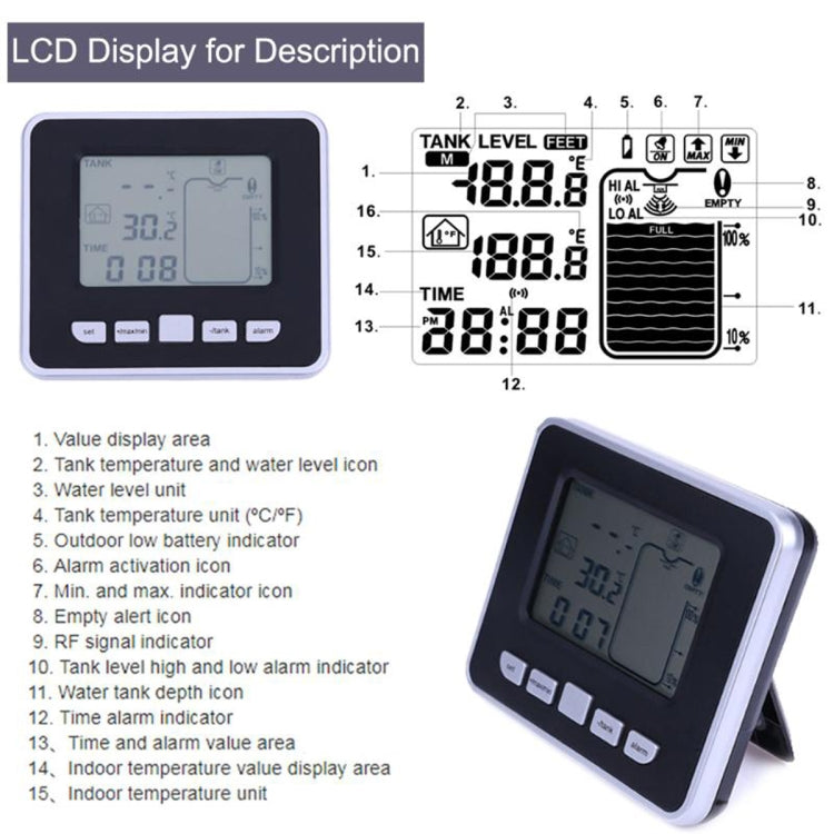 TS-FT002 Multifunctional Ultrasonic Electronic Water Tank Level Gauge With Indoor Temperature Thermometer Clock Display Water Level Gauge - Water Leakage Alarm by PMC Jewellery | Online Shopping South Africa | PMC Jewellery