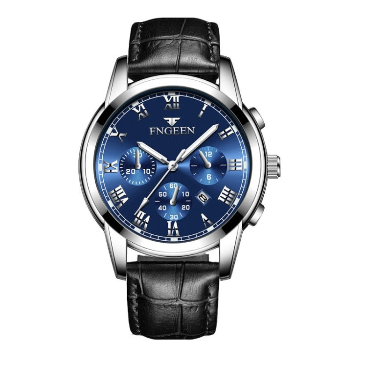 FNGEEN 4006 Men Trendy Waterproof Quartz Watch(Black Leather White Steel Blue Surface) - Alloy Watches by FNGEEN | Online Shopping South Africa | PMC Jewellery | Buy Now Pay Later Mobicred