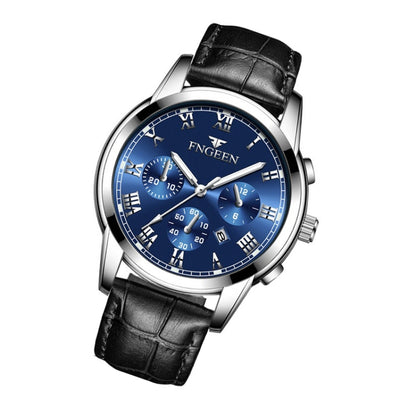 FNGEEN 4006 Men Trendy Waterproof Quartz Watch(Black Leather White Steel Blue Surface) - Alloy Watches by FNGEEN | Online Shopping South Africa | PMC Jewellery | Buy Now Pay Later Mobicred