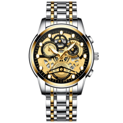 FNGEEN 4088 Men Hollow Quartz Watch Student Waterproof Luminous Watch(Gold Black Surface) - Alloy Watches by FNGEEN | Online Shopping South Africa | PMC Jewellery | Buy Now Pay Later Mobicred