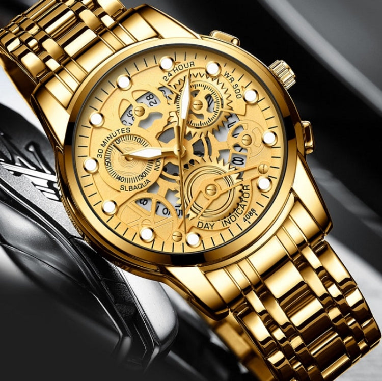 FNGEEN 4088 Men Hollow Quartz Watch Student Waterproof Luminous Watch(Gold And Gold Surface) - Alloy Watches by FNGEEN | Online Shopping South Africa | PMC Jewellery | Buy Now Pay Later Mobicred