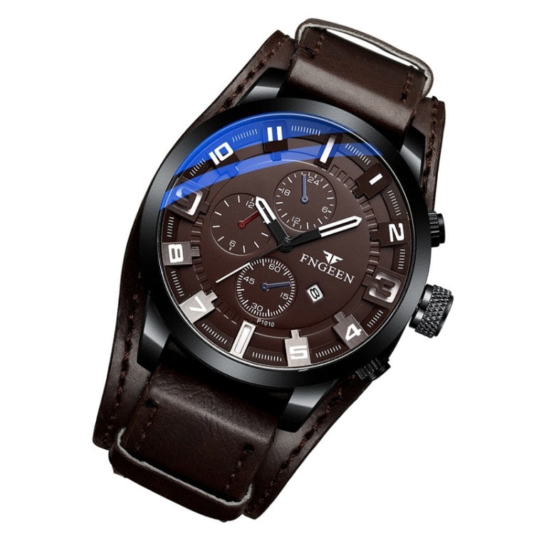 FNGEEN P1010 Men Fashion Large Dial Leather Belt Watch Student Casual Quartz Watch(Dark Brown Leather Coffee Surface) - Leather Strap Watches by FNGEEN | Online Shopping South Africa | PMC Jewellery | Buy Now Pay Later Mobicred