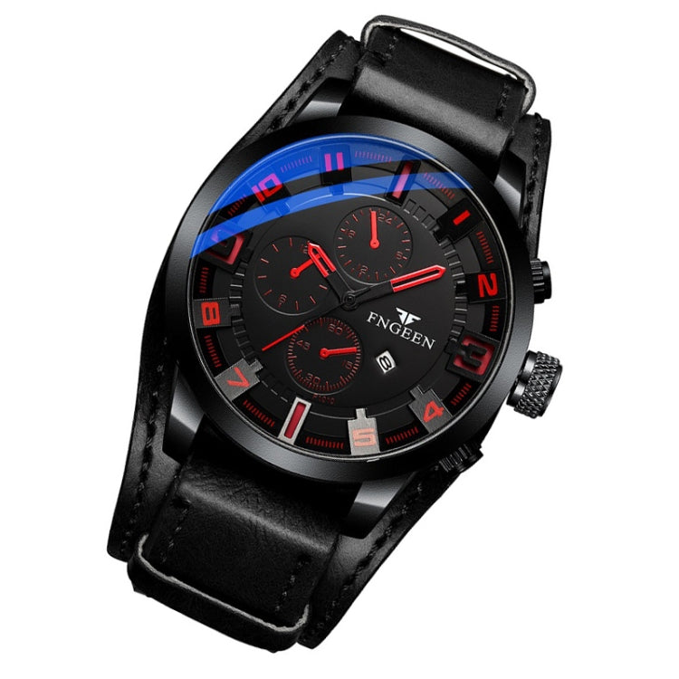 FNGEEN P1010 Men Fashion Large Dial Leather Belt Watch Student Casual Quartz Watch(Black Leather With Red Words) - Leather Strap Watches by FNGEEN | Online Shopping South Africa | PMC Jewellery | Buy Now Pay Later Mobicred