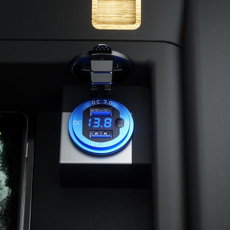 Aluminum Alloy Double QC3.0 Fast Charge With Button Switch Car USB Charger Waterproof Car Charger Specification: Black Shell Blue Light With Terminal - DIY Modified Charger by PMC Jewellery | Online Shopping South Africa | PMC Jewellery